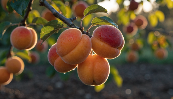 Ripe orange apricots on a branch in a sunlit organic garden