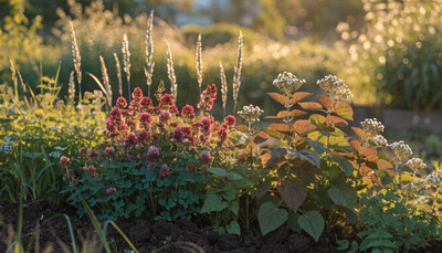 Organic garden bed of flowering clover, cereal rye, and buckwheat cover crops glowing in golden-hour light