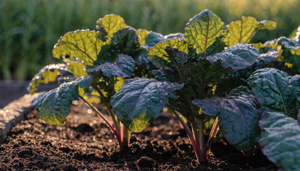 Organic mustard greens with green and purple ruffled leaves growing in rich garden soil at golden hour