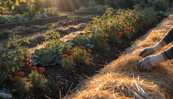 Gloved hands spreading golden straw mulch around vegetable plants in a raised organic garden bed at golden hour