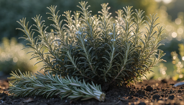 Lush organic rosemary plant with blue-green needled foliage and tiny blue flowers glowing in golden-hour garden light.