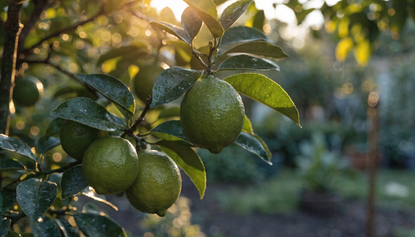 Lime tree heavy with bright green limes in a lush organic garden at golden hour