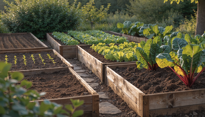 Organic raised-bed garden at golden hour with beds at different growth stages, from freshly sown to harvest-ready greens.