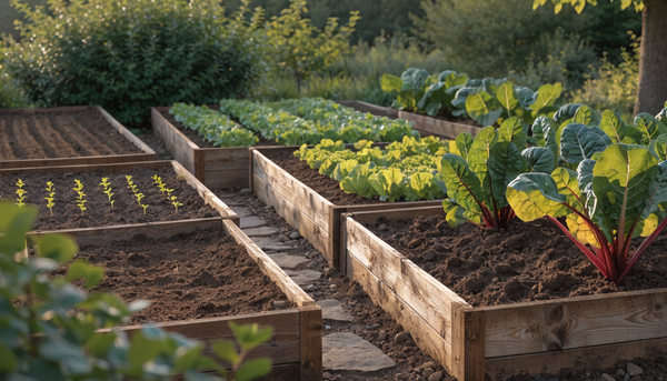 Organic raised-bed garden at golden hour with beds at different growth stages, from freshly sown to harvest-ready greens.