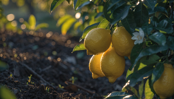 Ripe yellow lemons hanging on a healthy organic lemon tree branch at golden hour with lush green leaves and a soft garden background