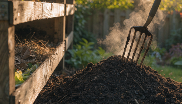 Wooden three-bin compost system with dark finished compost in a golden-hour organic garden