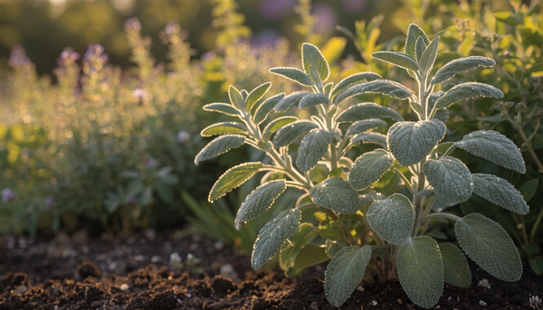Silvery-green garden sage plant growing in rich soil, backlit by warm golden-hour sunlight with a lush organic herb garden blurred behind it.