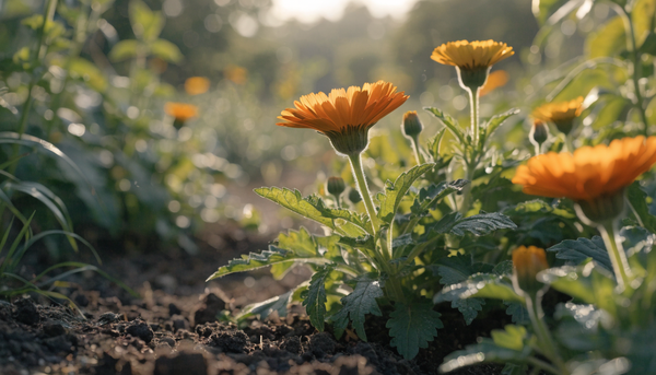 Bright orange and yellow calendula flowers blooming in a sunlit organic garden bed