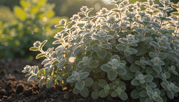 Lush Greek oregano plant with fuzzy gray-green leaves growing in rich dark soil in a sunlit organic garden at golden hour.