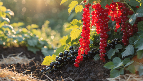 Ripe red and black currants hanging in clusters on an organic garden bush at golden hour