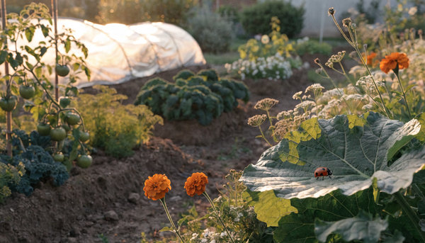 Thriving organic vegetable garden at golden hour with companion flowers, a ladybug on a leaf, and a row-cover tunnel.