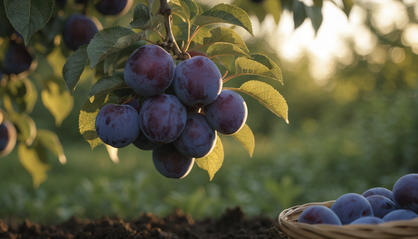 Ripe purple plums with a natural dusty bloom hanging on a sunlit branch in a lush organic garden at golden hour