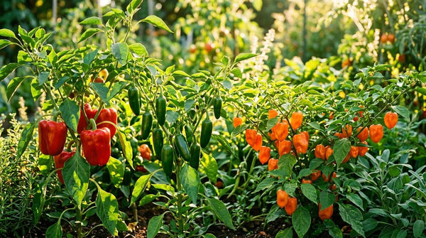 Colorful organic peppers growing in a garden — red bell peppers, green jalapeños, and orange habaneros
