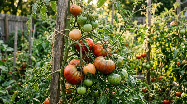 Heirloom tomatoes at various stages of ripeness growing on a staked vine in an organic backyard garden