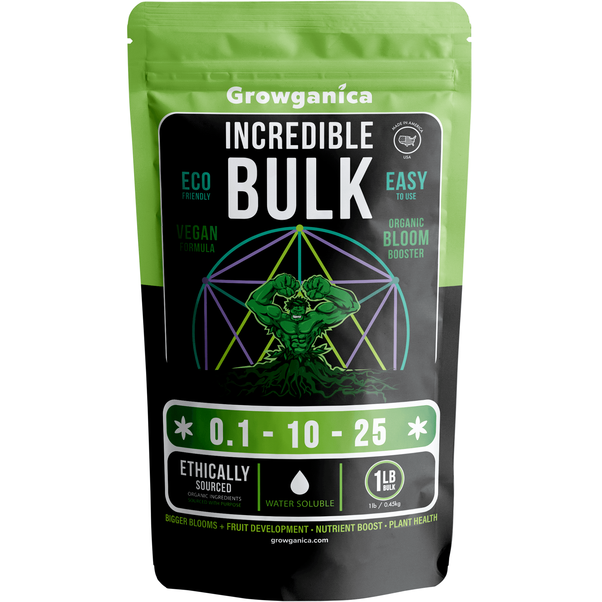Growganica Incredible Bulk Organic Bloom Booster 0.1-10-25, eco-friendly plant nutrition for vibrant blooms and fruits.