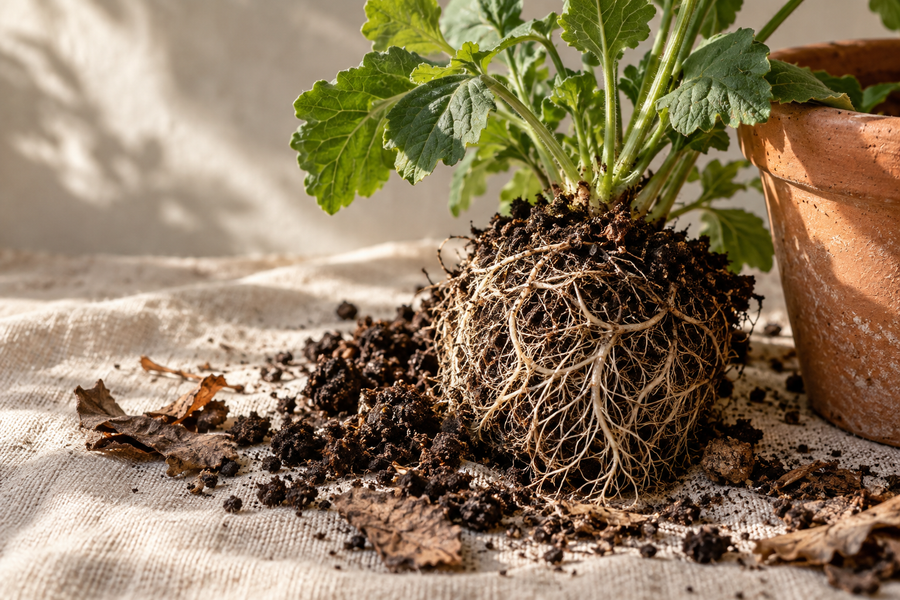 Botanical concept study of roots, crumbly soil and a terracotta pot