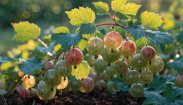 Ripe green and red gooseberries hanging on a leafy bush in an organic garden at golden hour.