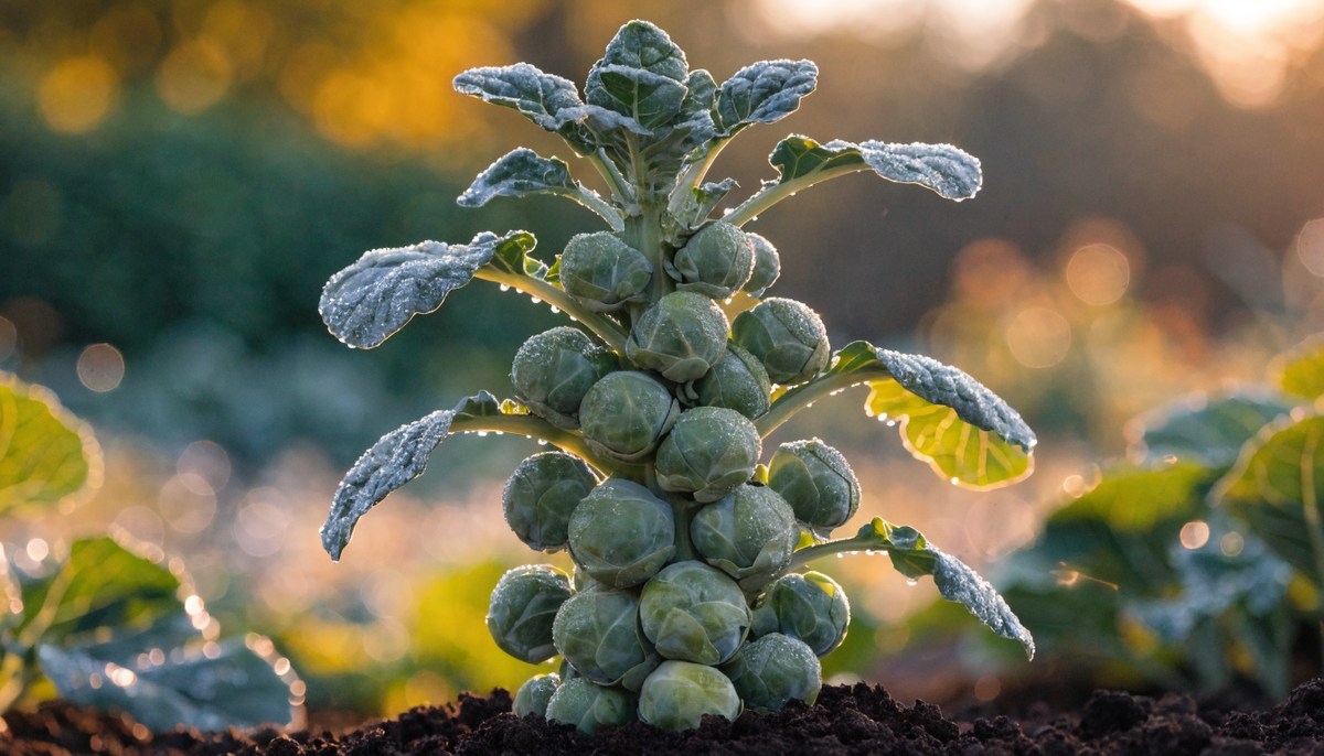 A tall Brussels sprouts plant with sprouts spiraling up its stalk, lit by golden-hour sunlight in a lush organic garden