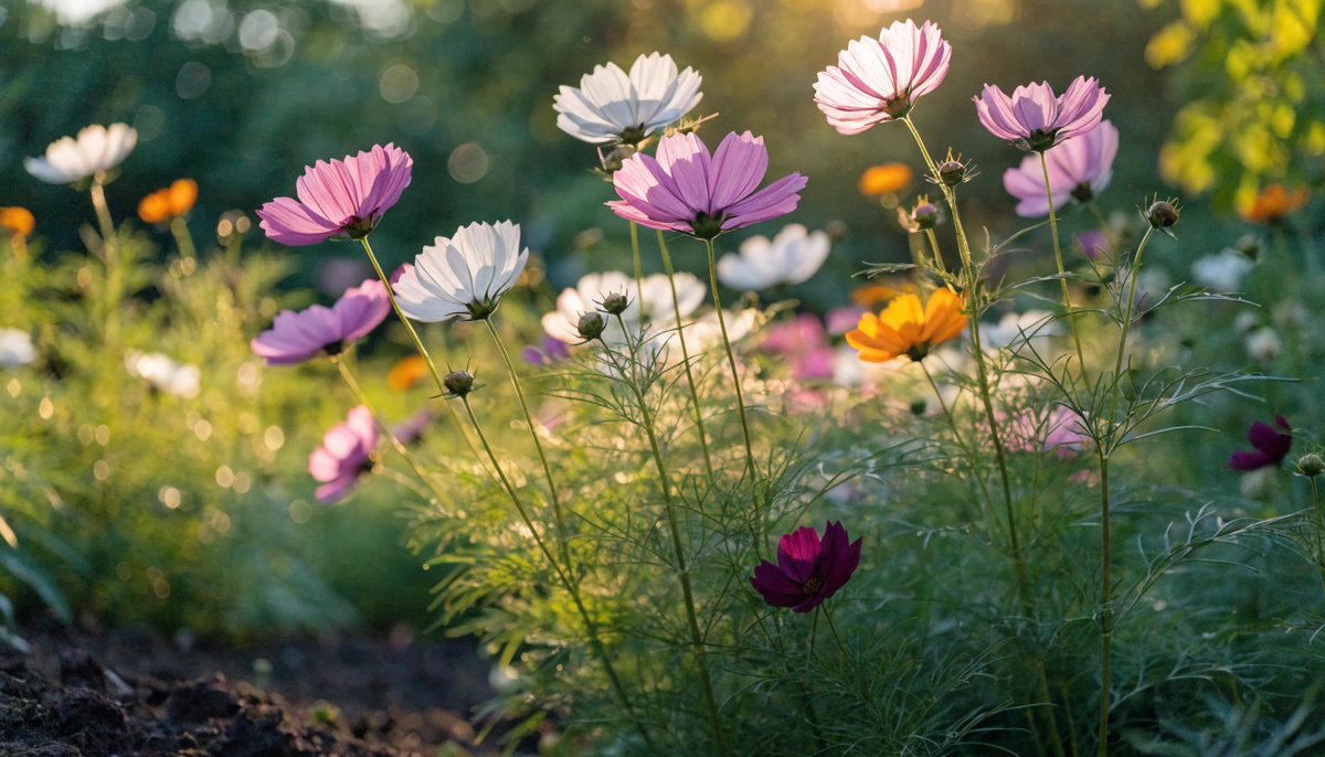 Pink, white, and orange cosmos flowers blooming in a sunlit organic garden at golden hour.