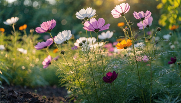 Pink, white, and orange cosmos flowers blooming in a sunlit organic garden at golden hour.
