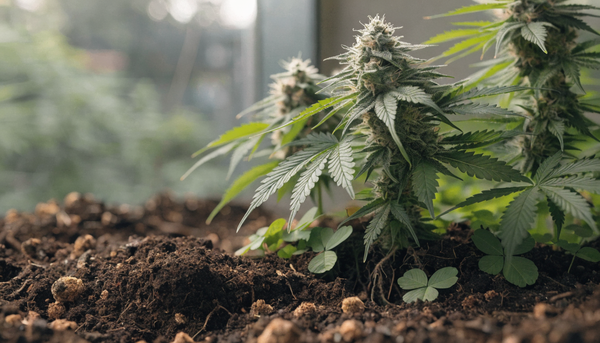 Healthy organic cannabis plants with frosty flowering buds growing in rich living soil