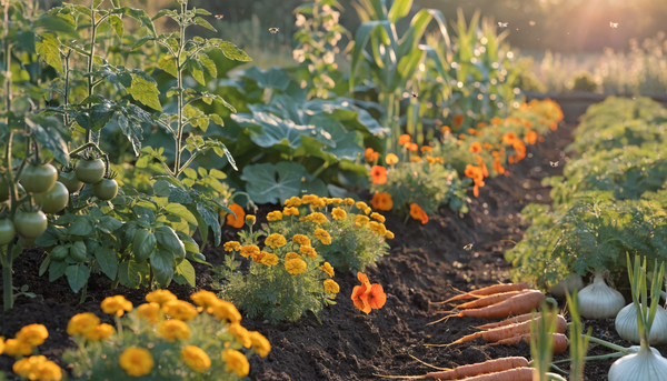 Golden-hour organic garden bed with vegetables, herbs, and flowers grown together in companion planting.