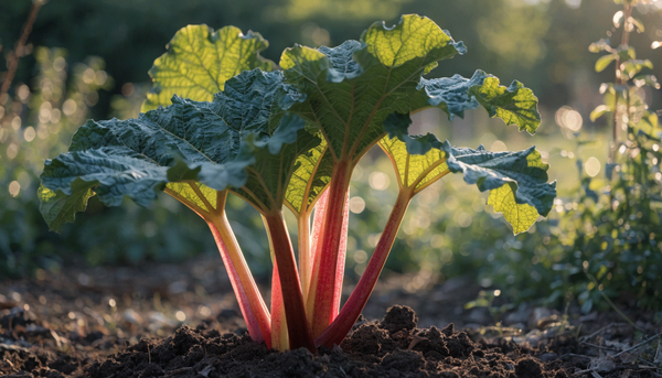 Organic rhubarb plant with red stalks and large green leaves growing in rich dark soil at golden hour