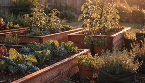 Raised cedar garden beds and container pots full of vegetables and herbs in an organic backyard garden at golden hour