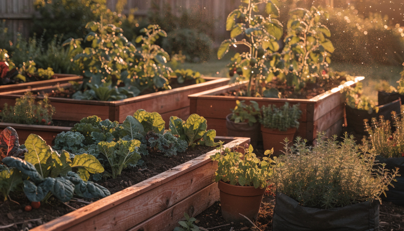 Raised cedar garden beds and container pots full of vegetables and herbs in an organic backyard garden at golden hour