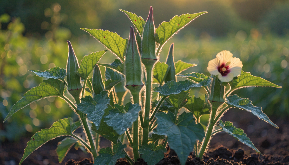 Ripe green okra pods and a pale yellow blossom on a healthy okra plant in an organic garden at golden hour