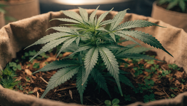 Healthy organic cannabis plant growing in rich living soil in a fabric pot under indoor grow light