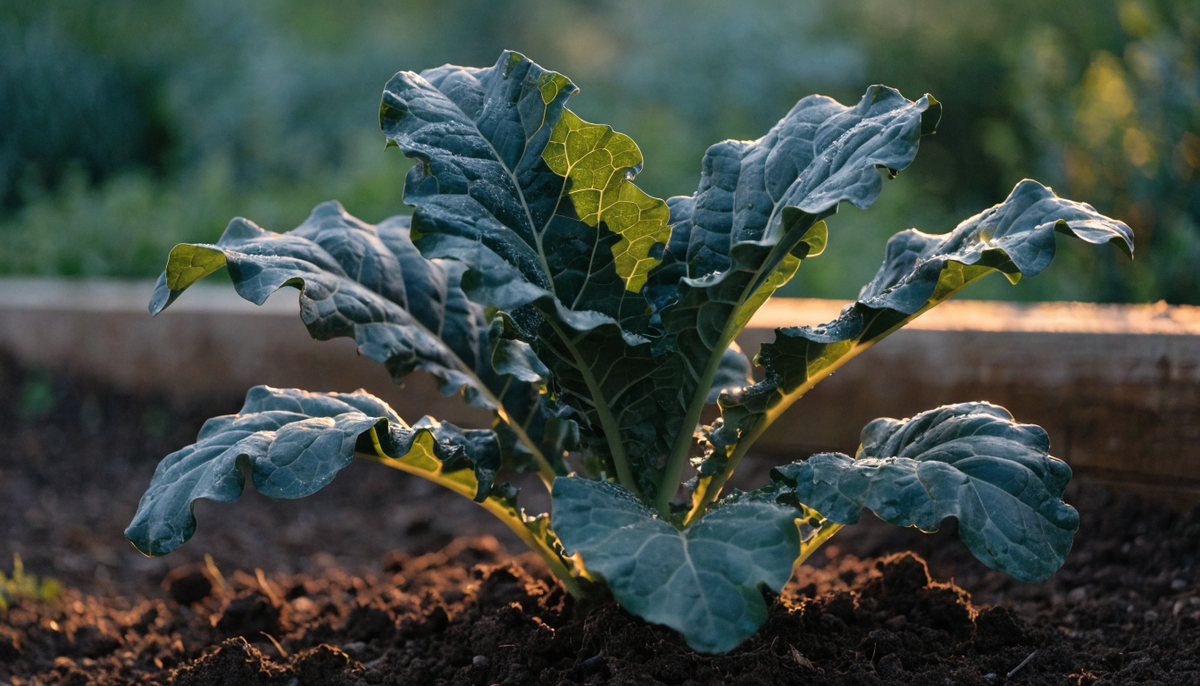 Broad blue-green collard greens leaves glowing in golden-hour light above rich dark garden soil.