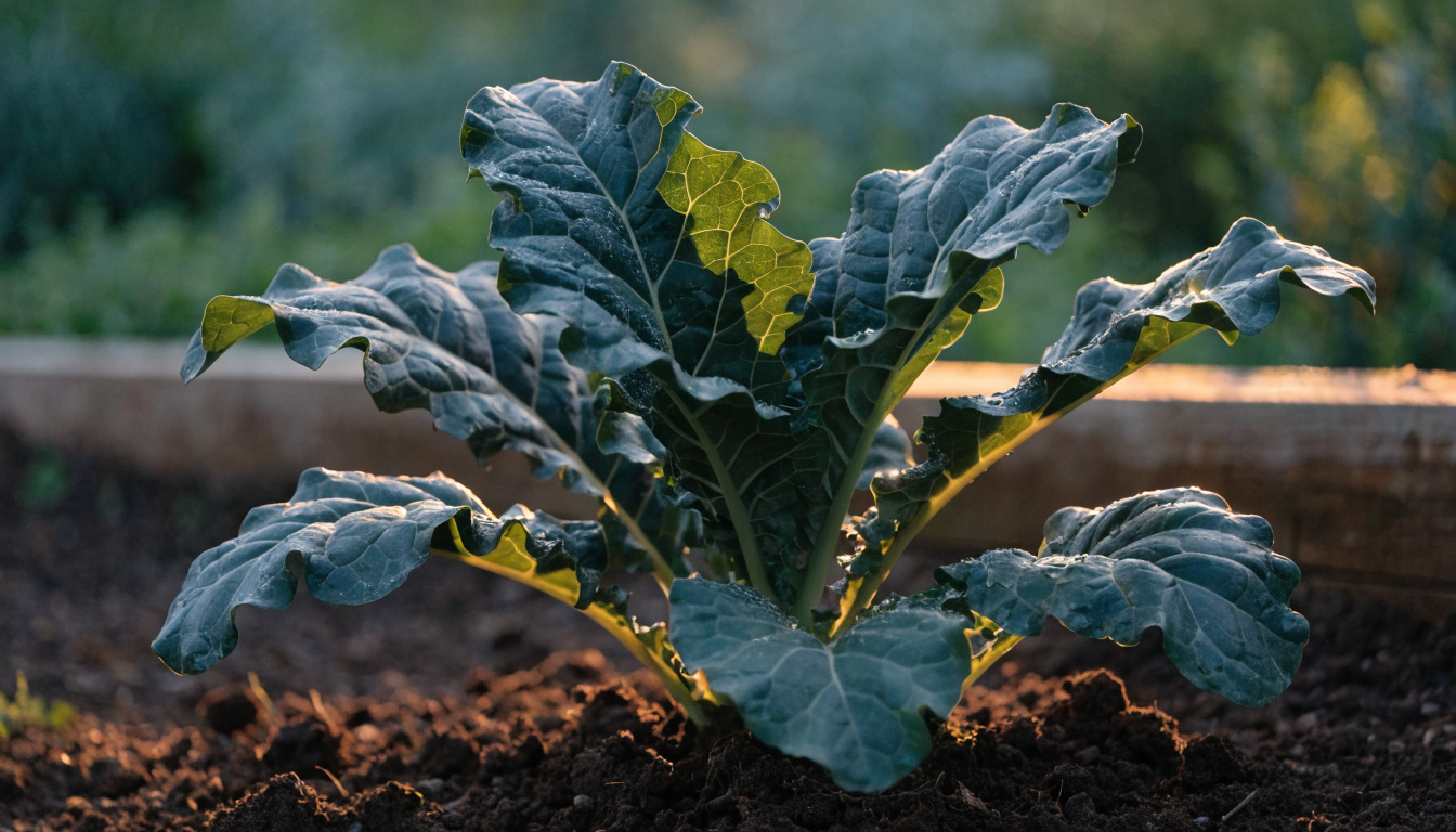 Broad blue-green collard greens leaves glowing in golden-hour light above rich dark garden soil.