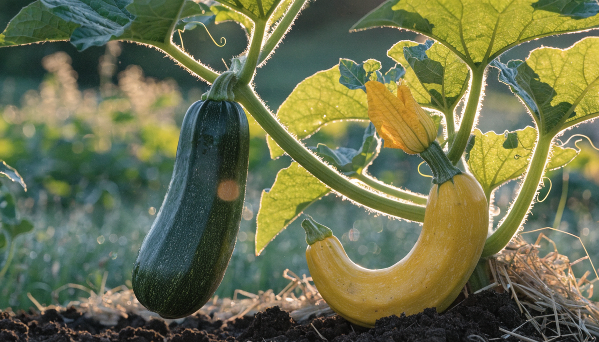Glossy green zucchini and yellow summer squash growing on a healthy organic garden plant at golden hour with rich soil and a squash blossom.