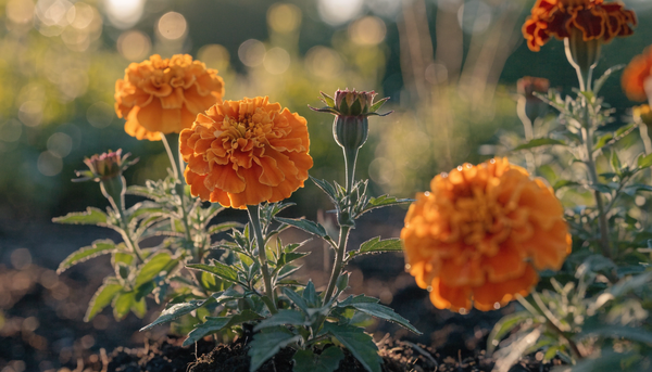 Bright orange and gold marigolds in full bloom in an organic garden bed at golden hour