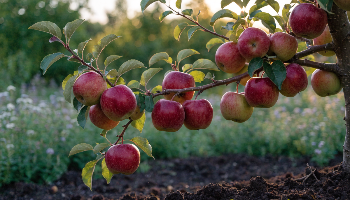 Ripe red and gold organic apples hanging on a sunlit branch in a lush orchard at golden hour