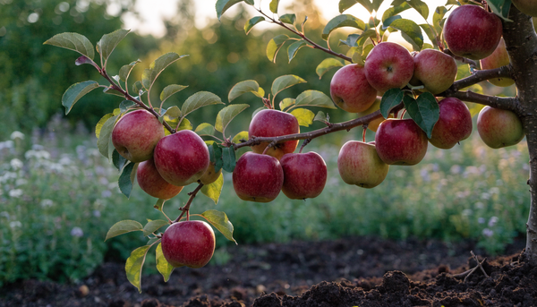 Ripe red and gold organic apples hanging on a sunlit branch in a lush orchard at golden hour