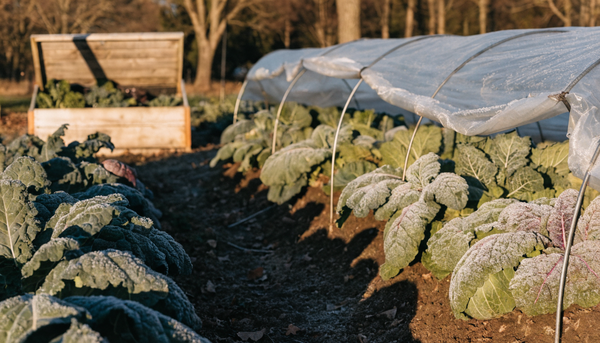 Frost-touched kale and cabbages in an autumn organic garden beside a low tunnel and cold frame at golden hour