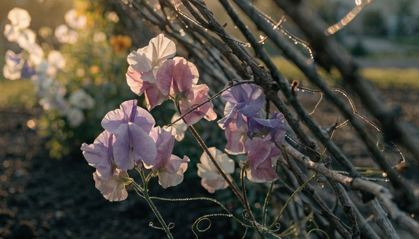 Pastel sweet pea flowers climbing a twig trellis in warm golden-hour light.