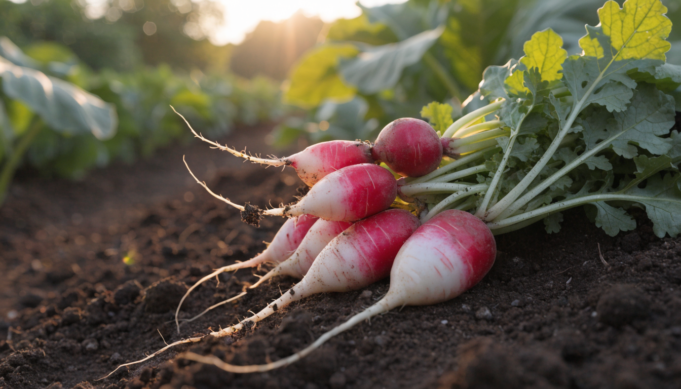 Freshly harvested organic red-and-white radishes with green tops on rich dark garden soil at golden hour