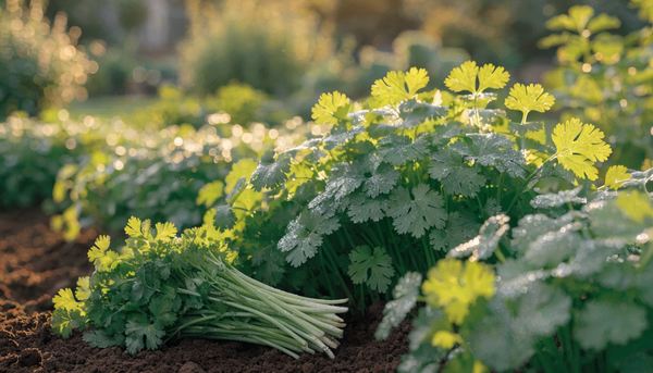 Lush green organic cilantro plants glowing in golden-hour light with a freshly harvested bunch resting on dark rich garden soil.