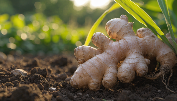 Freshly harvested organic ginger rhizomes with green leaves resting on rich dark garden soil at golden hour with lush bokeh behind.