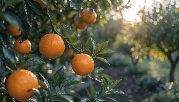 Ripe oranges glowing on a healthy organic citrus tree at golden hour