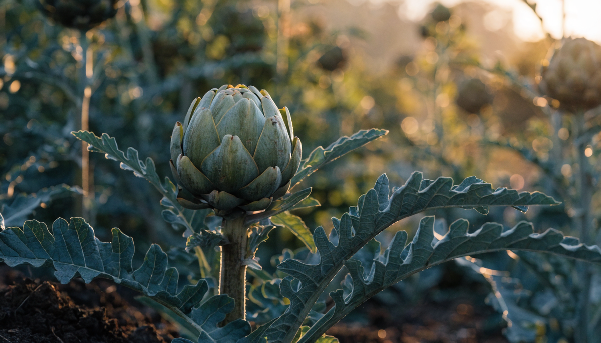 A plump green artichoke bud on its silvery-leafed plant, backlit at golden hour in a lush organic garden with rich soil.