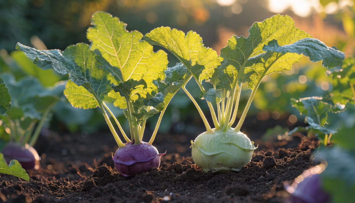Purple and green kohlrabi bulbs growing at the soil surface in a lush organic garden at golden hour
