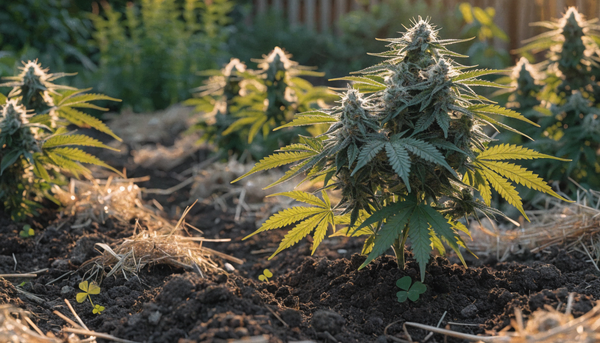 Healthy organic cannabis plants growing in living soil outdoors in golden late-summer light