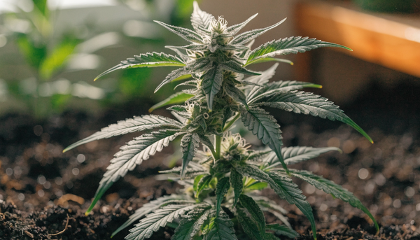Healthy organic cannabis plant with frosty early flowers growing in dark living soil under soft natural light