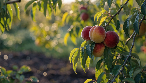 Ripe organic nectarines on a garden tree at golden hour