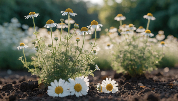 Sunlit German chamomile flowers with white petals and yellow centers in a lush organic garden at golden hour