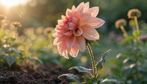 A blush-pink dinnerplate dahlia in full bloom at golden hour in a lush organic garden